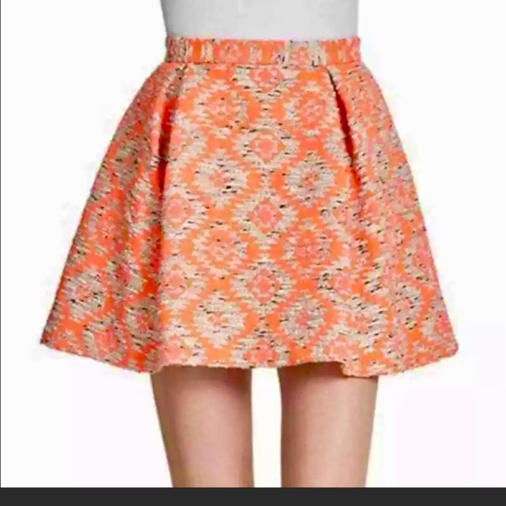 Nanette lepore printed tweed skirt, neon orange and pink print on tweed